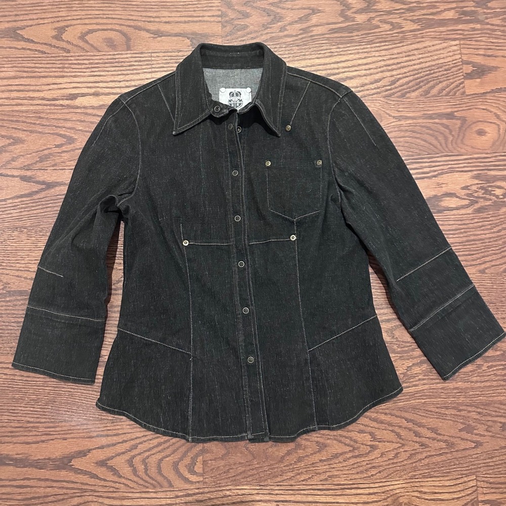 Renfrew Black Denim Button Down Shirt 3/4 Sleeve Contrast Stitch Small USA Made